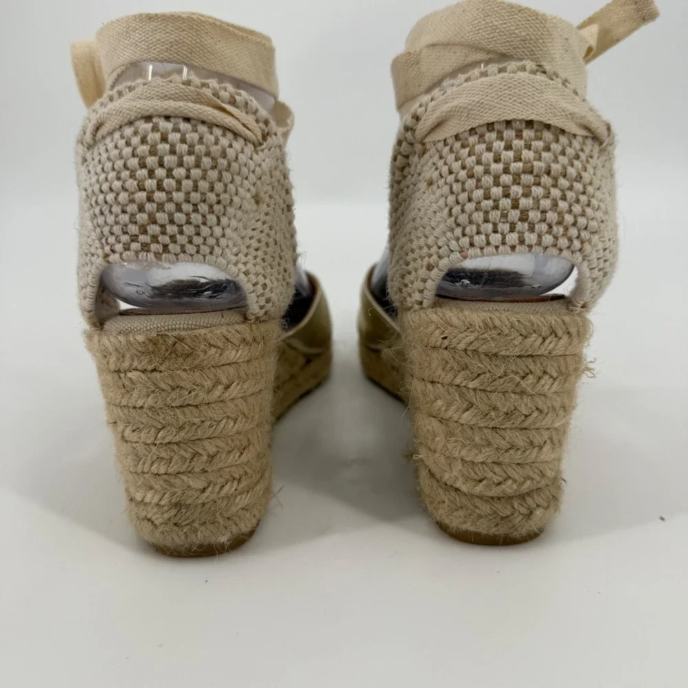Boden Metallic Gold Espadrille Wedges Ribbon Ankle Tie Made in Spain Size 38